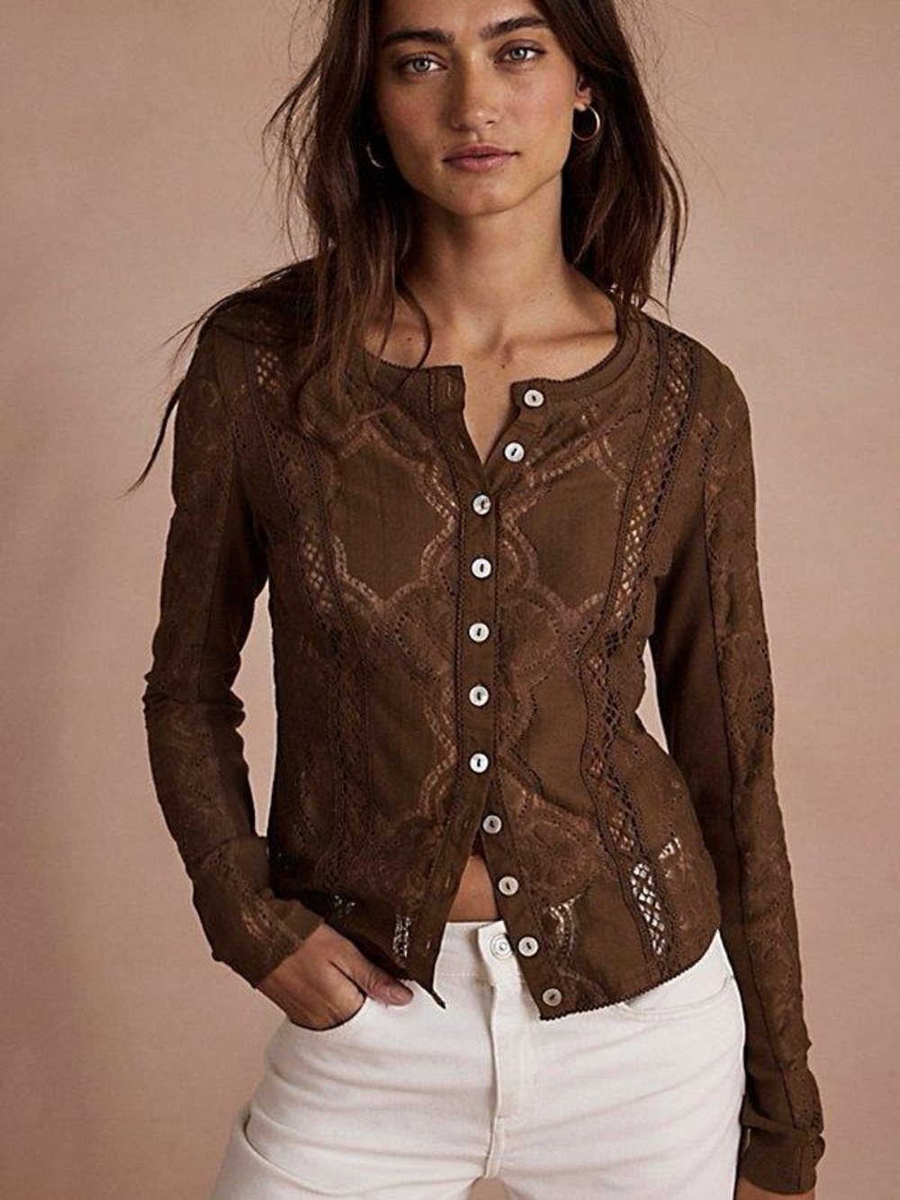 Free People • Jae Sheer Lace Knit long sleeve button up Top in Chicory Coffee